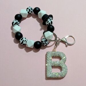 Black and White Beaded Silicone Keychain Rhinestone B Charm | Handmade By Me